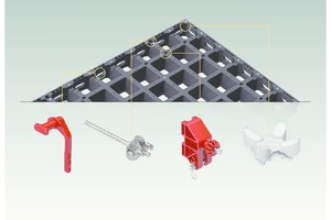  Konstruktive Intelligenz im Detail: Bei der Duo Verbundschalung ist die Anzahl unterschiedlicher Einzelteile auf ein Minimum reduziert. Die doppelte Verwendung als Vertikal- und Horizontalschalung basiert auf der multifunktional ausgebildeten Trägerlage, in die alle Verbindungs- und Befestigungselemente komplett integrierbar sind. Zum Beispiel: Verbinder, Schalungsanker, Richtstützenanschluss und Stützkopf (unten von links nach rechts). 