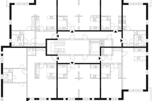  Bedarfskonzept 02: Integrativer Wohnraum. Durch eine Anpassung des Grundrisses sind die Flächen in unterschiedlich große Wohneinheiten aufteilbar, die etwa für Paare oder kleine Familien geeignet sind. 