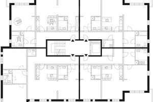  Bedarfskonzept 03: Familienwohnraum. Das Grundmodell wurde je Geschoss in vier großzügige Wohneinheiten aufgeteilt. 