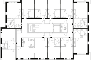  Bedarfskonzept 01: Studenten- oder Seniorenwohnheim mit Gemeinschaftsräumen. Die Anpassung auf ein reines Apartmenthaus ist durch die Umnutzung der Gemeinschaftsräume zugunsten weiterer Einzimmerapartments möglich. 