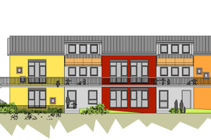  Westansicht des Kindergarten-Neubaus: Das Architekturbüro Schwalm hat für die Fassaden des neuen Kindergartens in Königsmoos ein harmonisches Farbkonzept entwickelt. Abgestimmt ist dieses auch auf Kindergarten und Kinderkrippe nebenan. 