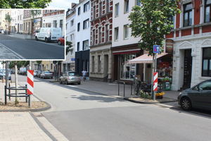  Stadtstraße in Köln mit Deckschicht aus Henauer Quarzit: Das kleine Bild zeigt die Fahrbahn unmittelbar nach dem Einbau, das große 42 Monate später. Die Aufhellung sorgt in diesem Fall für eine erhöhte Aufmerksamkeit im Bereich der Verengung. 