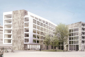  Die Animation zeigt das neue Suhrkamp-Verlagshaus in Berlin mit markanter Sichtbetonfassade. Um diese während der Bauarbeiten zu schützen, bleibt sie jedoch bis zur Fertigstellung des Gebäudes abgedeckt. 