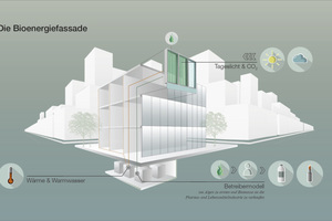  Die Bioenergiefassade nutzt das Sonnenlicht, um Wärme und Biomasse zu produzieren. 