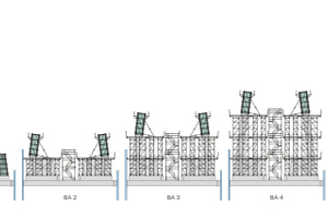  Die Schalung für die Pylonstiele und den Querbalken wurde getragen von einem schrittweise mitwachsenden Peri Up Trag- und Arbeitsgerüst. 