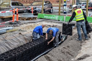  Die ACO-Rigolen dienen als Zwischenspeicher, um Überflutungen zu verhindern. 