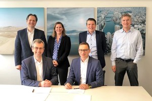  V.l.n.r. (hintere Reihe): Stefan Zöllinger, Anne Schüssler, Ulrich Hanke und Rolf Heninger von Application Technology bei Linde. Vordere Reihe: Rob Niven, CEO und Gründer von CarbonCure Technologies, und Dr. Mathias Kranz, Leiter Application Technology bei Linde. 