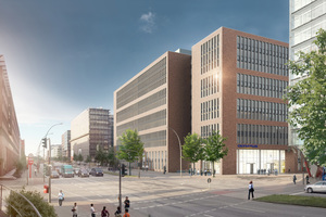 Das architektonische Konzept für den Olympus Campus erstellte das Hamburger Architekturbüro gmp. Hier: Geplante Ansicht vom Haupteingang am Heidenkampsweg. 