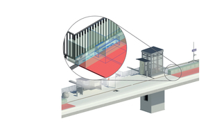  Beispiel für ein Bauteil in der Planervariante: Dargestellt sind Platzhalter für den Einbau- und Wartungsbereich sowie die angeschlossenen Entwässerungsflächen. 