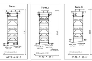  Die Traggerüsttürme TG 60 im Schnitt: Sämtliche Türme hatten unterschiedliche Höhen. 