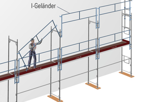  Bei durchgehender Gerüstflucht muss mindestens ein einteiliger Seitenschutz oder ein Montagesicherungsgeländer für den Horizontaltransport von Gerüstbauteilen auf der obersten Gerüstlage verwendet werden.  