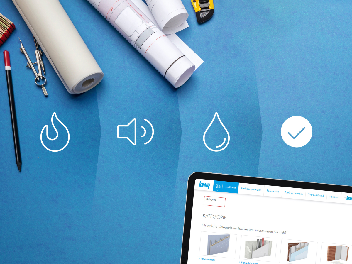 Schnell und einfach lassen sich mit dem neuen Knauf Systemfinder digital die passenden Trockenbau-Systemvarianten ermitteln.