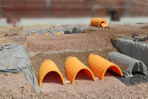  Birco-Rigolentunnel von StormTech bilden in einer oder mehreren Reihen eingebaut die zentralen Bauteile der drei Regenwasser-Versickerungsanlagen, darauf Geotextil und Schottermaterial. 