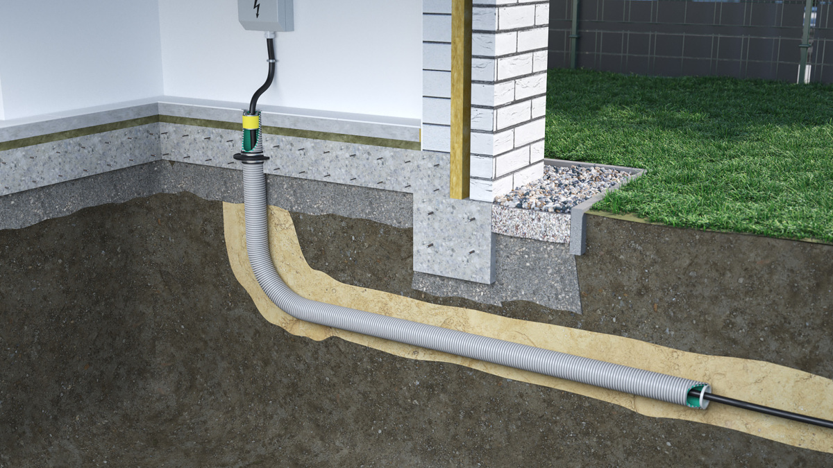 Ein Komplettpaket für den sicheren Hausanschluss: Das Kabu-Fesh Set Elektro B führt ein Kabel gas- und druckwasserdicht über die Bodenplatte ins Gebäude ein.