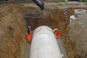  Nach dem Versetzen des Sickertunnels und vor der Verfüllung werden die gerundete Oberseite mit Geotextil abgedeckt, der Domschacht für den Einstieg bis zur Geländehöhe aufgesetzt und die Zulaufleitung vom Filterschacht zum Sickertunnel verlegt. 