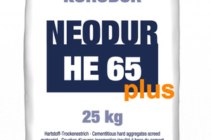  Der Hartstoffestrich Neodur HE 65 plus basiert auf dem bereits seit Jahrzehnten eingesetzten HE 65 und ist mit einer speziellen Polymer-Beimischung versehen, um die Frost- und Tausalzbeständigkeit nochmals zu erhöhen. 