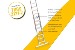 Die Stufenschiebeleiter Topic 1032 entspricht der TRBS 2121-2 und bietet einen komfortablen Stand sowie trittsicheren Auf- und Abstieg. 