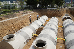  Sickeranlage Nord mit drei Rigolensträngen. Nach Versetzen der Sickertunnel und vor Verfüllen der Baugrube werden die Fugen zwischen den Elementen mit Geotextil abgedeckt, die Domschächte bis zur Geländehöhe aufgesetzt und Verbindungsleitungen zwischen den Rigolen verlegt. 