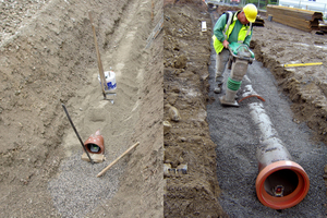  Angeschütteter, nicht verdichteter Bereich der Leitungszone und der Abdeckung (l.); Lagenweiser Einbau Verdichtung über die gesamte Grabenbreite (r.). 