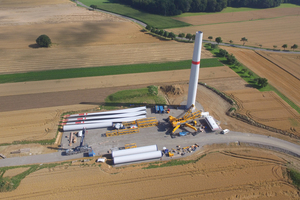  Bau einer Windenergieanlage der EnBW im Jahr 2017, Windpark Dünsbach, GemeindeGerabronn. Für den Windpark mit drei Anlagen hatte die Genehmigungsbehörde ein unter-irdisches Löschwasserreservoir gemäß DIN 14230 gefordert. 