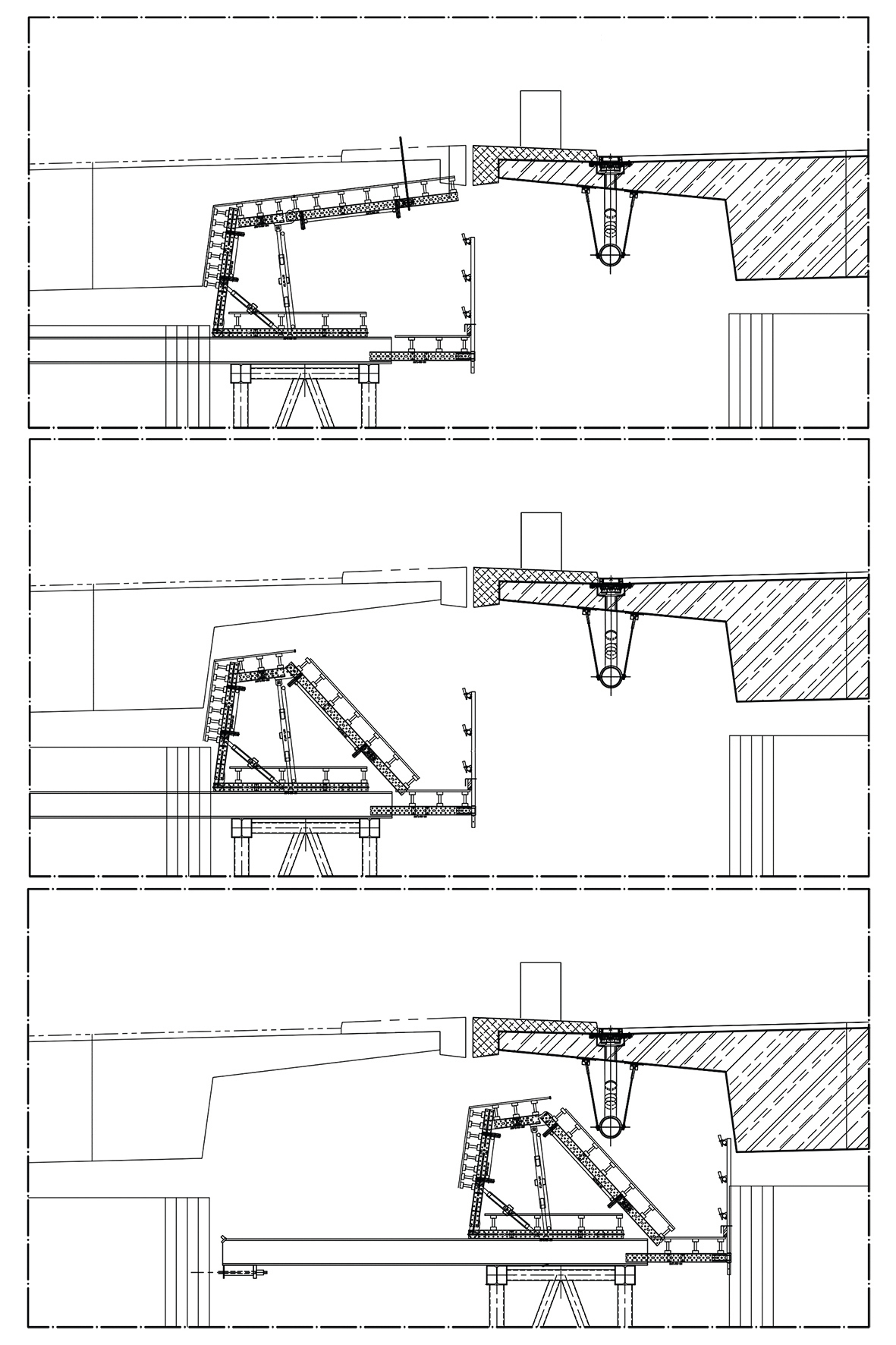 Der obere Teil des Schalungsgesperres lässt sich herunterklappen und die gesamte Konstruktion zusammen mit dem Traggerüst nach außen verschieben, ohne dabei gegen das benachbarte bereits fertiggestellte Teilbauwerk zu stoßen.