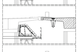  Der obere Teil des Schalungsgesperres lässt sich herunterklappen und die gesamte Konstruktion zusammen mit dem Traggerüst nach außen verschieben, ohne dabei gegen das benachbarte bereits fertiggestellte Teilbauwerk zu stoßen. 