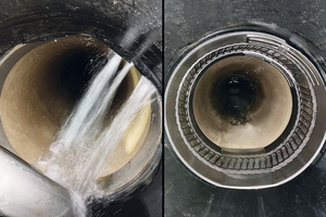  Durch undichte Rohrverbindungen unterhalb des Grundwasserspiegels kommt es zur Infiltration (Bild links). Die Edelstahlhülse Pipe-Seal-Flex passt sich formschlüssig an die verschiedenen Rohrwandungen an und stellt eine optimale und dauerhaft dichte Verbindung her (Bild rechts).  