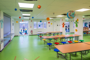  Die Räume können sehr vielseitig möbliert werden und bieten Platz für unterschiedliche Konzepte, wie z. B. eine Schulkantine. 