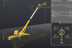  Die angezeigten Daten werden von der gleichen Berechnungslogik ermittelt wie die Livedaten der realen Mobil- und Raupenkrane. Mit jeder Änderung der Konfiguration, Last oder Geometrie wird eine neue Berechnung in Echtzeit ausgeführt.  