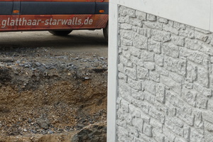  Hochwasserschutzlinie Passau, Abschnitt Lindau. Schutzmauer aus Betonfertigteilen entlang der Bundesstraße B 388. Hier wechselt die Abdichtung des Untergrundes von Spundwand auf überschnittene Bohrpfähle. In die Zwischenräume der Bewehrung gesetzt, dienen je zwei Betonblöcke als Auflager für ein Wandelement. 