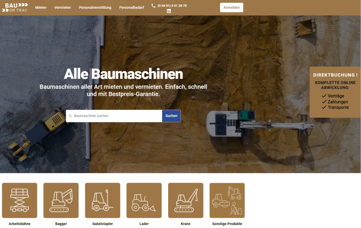 Startseite des neuen Mietportals BauOnTrac.