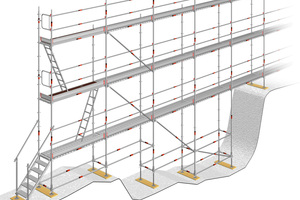  Durch die Kombinationsmöglichkeit mit dem Allround-Baukasten können Arbeits- und Schutzgerüste aus dem modularen Fassadengerüst AGS problemlos an unebenes Gelände angepasst werden. 