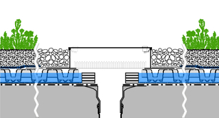 Schemadetail Ablauf des Retentions-Gründachs Sponge City Roof, ohne Drosselelement. Steuerbare Anstauscheiben bilden eine 8 cm hohe Barriere für das Wasser, das aus der Substratschicht durch das Aquafleece tropft. Der Ab- und Überlauf wird in einer unteri