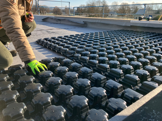 Retentions-Gründach Sponge City Roof. Oberhalb Dämmung und Dichtung 8 cm hohe Spacer-Elemente mit Hohlräumen für flächigen Wasserspeicher mit einem Volumen von 19,2 m³ und einer maximalen Last von 80 kg/m². Dies liegt noch deutlich unter der für den Winte