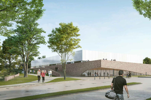  Mit Paschal geschwungen: das neue Sportzentrum in Saargemünd. Die Wände des auffallenden Gebäudekomplexes sind leicht gebogen 