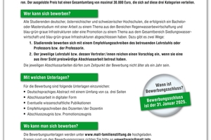  Studierende mit Abschlussarbeiten aus den Bereichen Regenwasserbewirtschaftung und blau-grün-graue Infrastrukturen können sich für den Umweltpreis Wasser der Roland Mall-Familienstiftung bewerben 