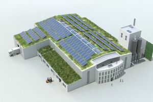  Konzeptansicht mit Dachbegrünung und PV-Anlagen. 