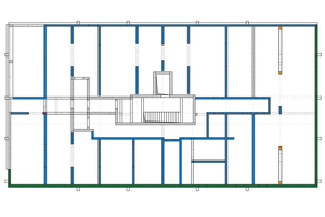  Übersichtsplan mit markierten tragenden Wärmedämmelementen Sconnex Typ W im Bereich der Wände (grün und blau) und Typ P im Bereich der Stützen (gelb und lila) 