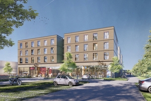  Für ALDI SÜD baut Wolff &amp; Müller in Mannheim ein Mischgebäude teilweise in Holzmodulbauweise: Im Erdgeschoss entstehen eine Filiale des Discounters und eine Bäckerei, darüber 193 Wohnungen für Studierende 