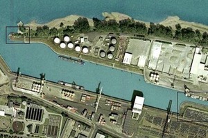  v.l.n.r.: Luftaufnahme: Die Erweiterung des Hafenbeckens ist gekennzeichnetDas Hafenbecken vor ... und nach dem Aushub 