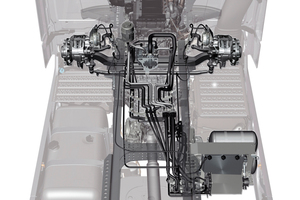  Die Bauteile des HAD: 1 Radnabenmotor,2 Seitenmodul mit 3 Kühler und Öltank,   4 Ventilsteuerblock, 5 Hydraulikpumpe,6 Ausgleichsbehälter 