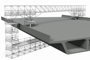  Einsatz des neuen Allround Fachwerkträgers von Layher als biegesteifes Rahmentragwerk mit weitgespannter Arbeitsplattform und integriertem Zugang für ein freitragendes Brückenuntersichtsgerüst. 