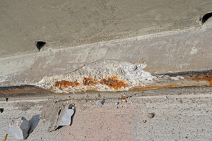  Typischer Schaden an Brücken: Abgeplatzter Beton an den Randkappen mit darunter liegenden Korrosionsschäden der Bewehrung. Foto: Rita Jacobs 