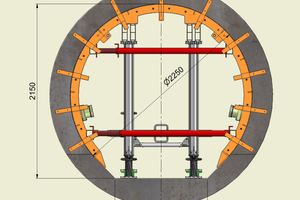  Querschnitt und Längsschnitt durch den Tunnel. Orange: SonderschalungGrau melliert: GASSGrau: BetonRot: BaustützenLindgrün: Einfüllstutzen für die BetonpumpenAlle Angaben in mm. 