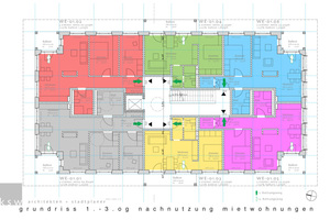  Durch den Umbau entstehen pro Etage sechs praktisch geschnittene Drei- und Zwei-Zimmer-Wohnungen mit Flächen zwischen etwa 38 bis knapp 70 m² (im Erdgeschoss bis 85 m²).  