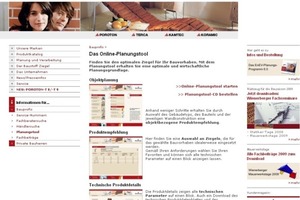  Rechts: Bauunternehmer haben online schnell und komfortabel Zugriff auf umfangreiche Praxishilfen Ganz rechts: Screenshot „Planungstool“ – Gebäudetyp, Bauteil, Konstruktion sowie entsprechende Produktempfehlung und Produktdetails 