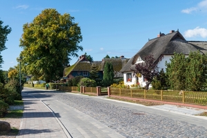  Auf der Chausseestraße in Born auf dem Darß wurde eine durchdachte Materialkombination aus dem ursprünglichen Kopfsteinpflaster und modernen Betonsteinbelägen verbaut. 