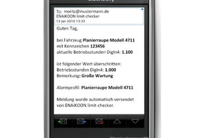  Auf Wunsch zeigen auch Smartphones wichtige Werte und Informationen der in der Ferne eingesetzten Baumaschinen an, hier bei Rösler die momentane Position und beim „limit-checker“ von ENAiKOON anstehende Ölwechsel und Servicemaßnahmen 