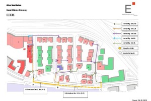  Wohnquartier Alter Stadthafen Oldenburg, Lageplan 1. und 2. Bauabschnitt mit dem System zum Gewinnen und Verteilen der Abwasserwärme. 