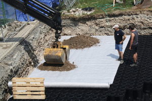  Gegen das Eindringen von Boden wird das Blockrigolensystem mithilfe eines dafür vorgesehenen Vlieses umhüllt und die Baugrube mit einem geeigneten Material verfüllt 